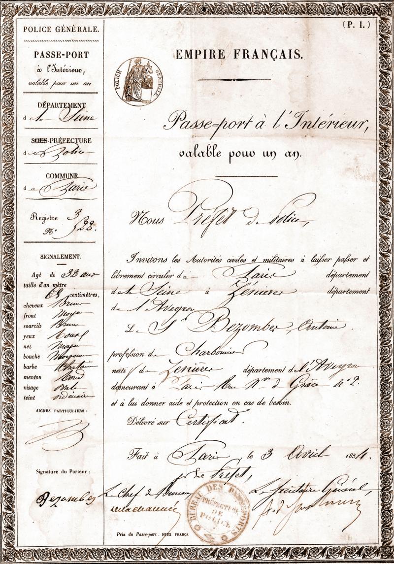  Passeport à l'intérieur d'Antoine Bezombes, charbonnier (carbonièr), de Zénières, 3 avril 1854