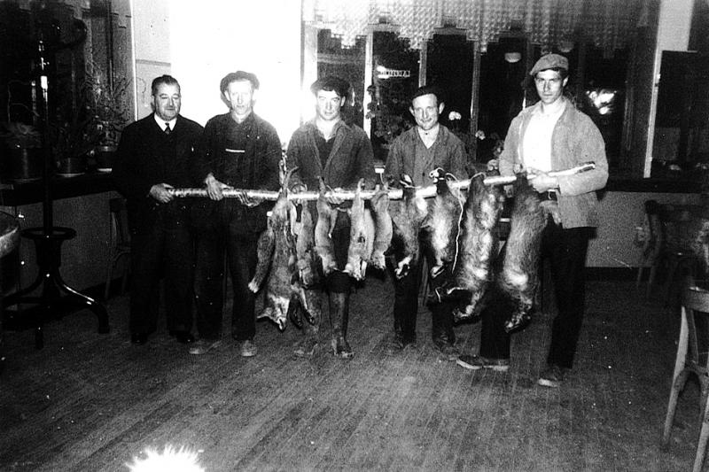 Chasseurs (caçaires) présentant un tableau de chasse de cinq renards (rainalds) et quatre blaireaux (taisses), 1959