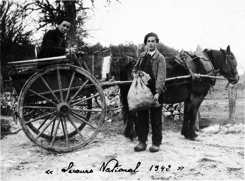 Temps de pause durant collecte avec équidé de pommes de terre (patanons, trufas, trufes, trufets) pour le Secours national, en Viadène (secteur de Saint-Amans des Cots), 1942