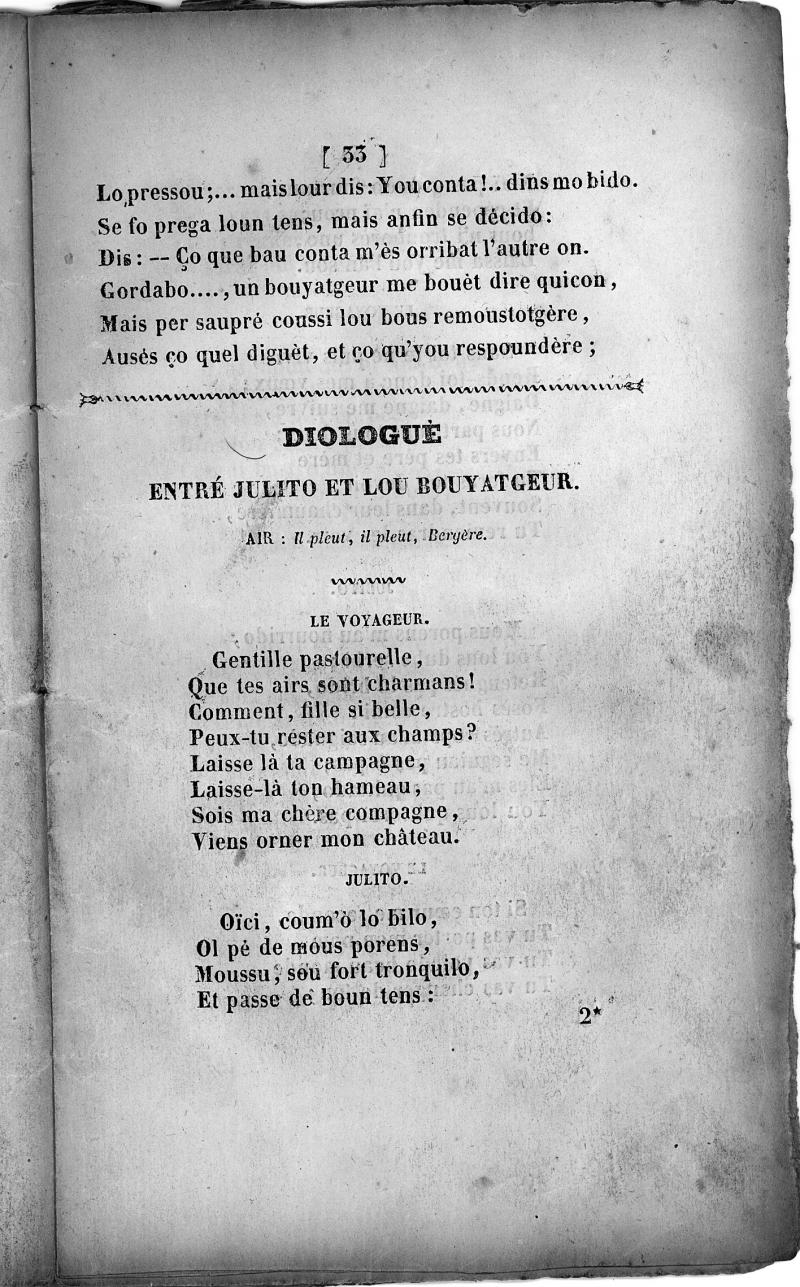 DIOLOGUE ENTRE JULITO ET LOU BOUYATGEUR [Dialòg entre Julita e lo voiatjur], 10 août 1840