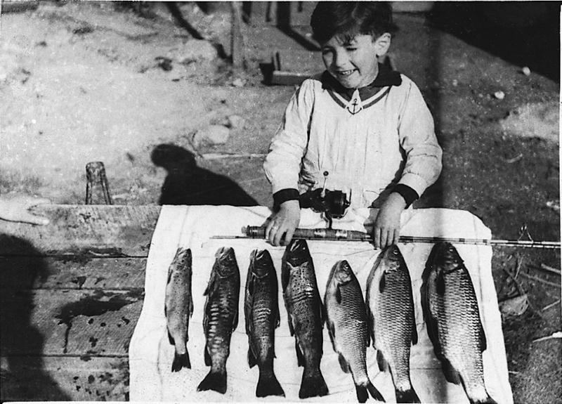  Enfant montrant des prises de pêche : quatre truites (trochas) et trois cabots ou chabots (cabòts), en Viadène (secteur de Sainte-Geneviève sur Argence)