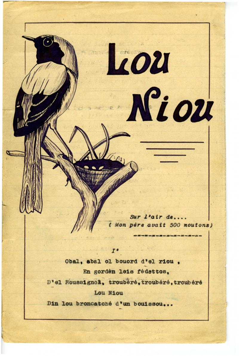 Dessin et paroles dactylographiées “Lou niou” [Lo niu] du cahier de chants de Célestin Aygalenq, 1943