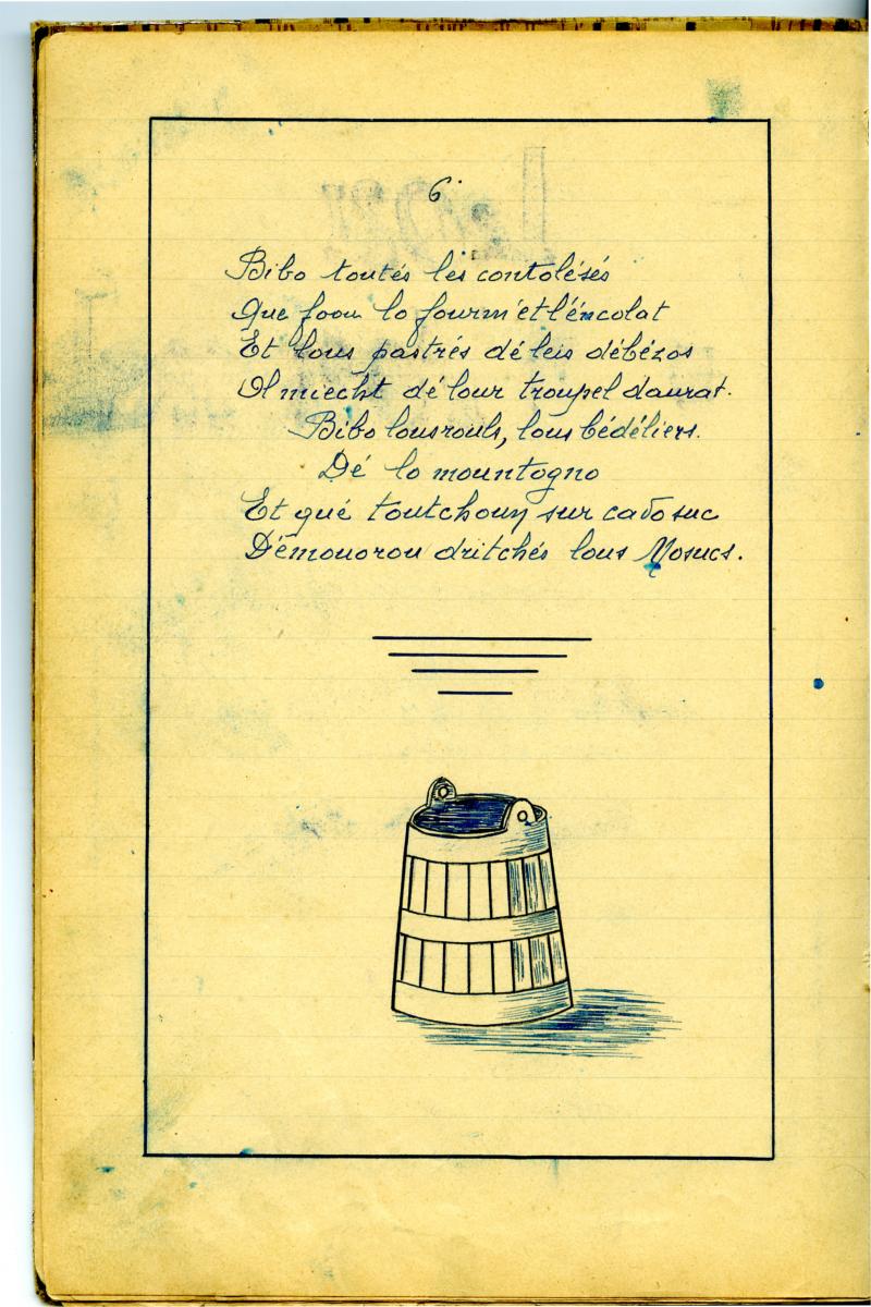 Dessin d'une gerle (gèrla), paroles manuscrites du 6e couplet “Lou mosuc” [Lo masuc] du cahier de chants de Célestin Aygalenc, 1943