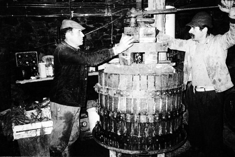 Deux hommes actionnant un pressoir (truèlh) pour le pressage des pommes (pomas) et la fabrication du cidre (citra), aux Bertrandies