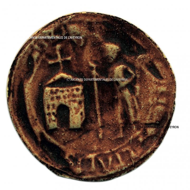 Sceau (sagèl) de la domerie d'Aubrac avec représentation d'un pèlerin (romiu), XVe s.