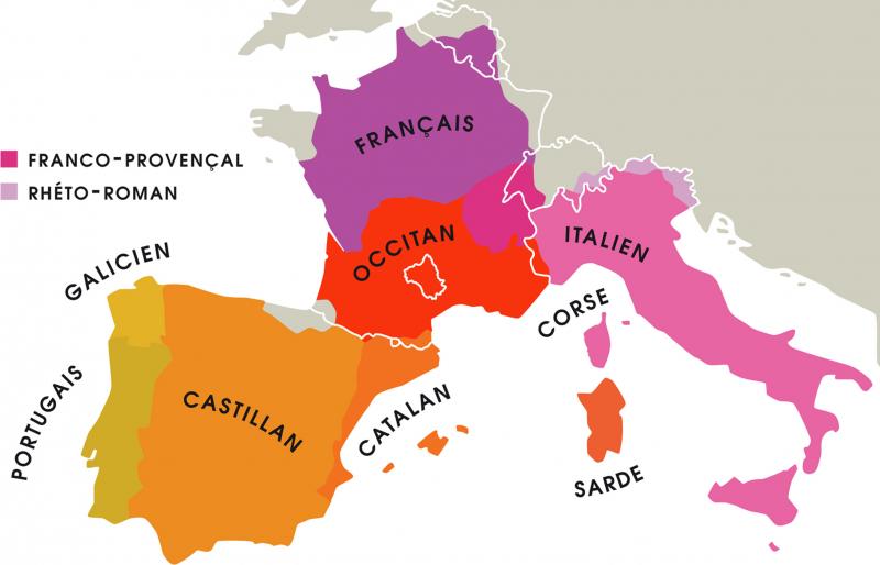 Carte des langues romanes de l'Europe du Sud
