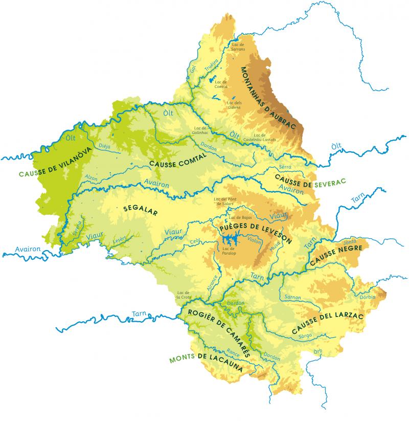 Carte en occitan de l'hydrographie (idrografia) de l'Aveyron