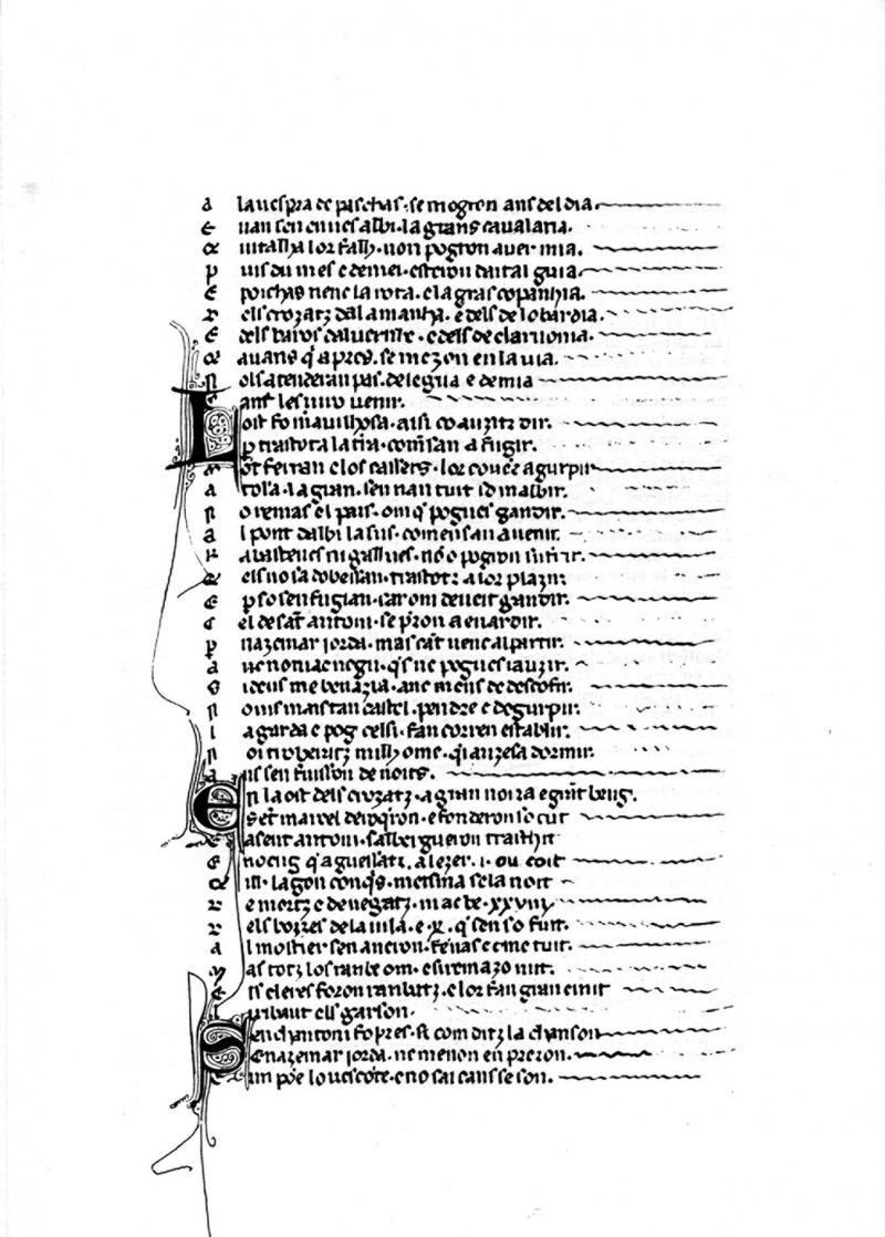 Fac-similé d'une page de La Cançon de la crosada, entre 1208 et 1219