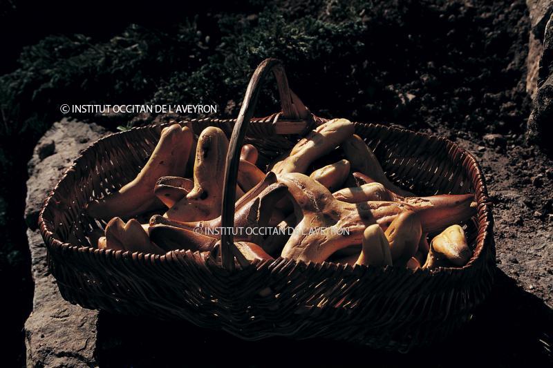 Echaudés “à trois cornes” (chaudèls de tres banas) dans un panier en osier, avril 1994