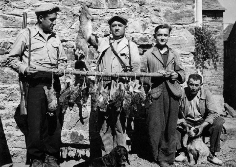  Quatre chasseurs (caçaires) présentant un tableau de chasse : douze perdreaux (perdigals) et un lièvre (lèbre), 1945