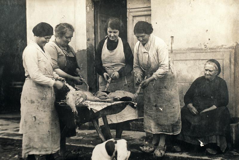 Quatre femmes plumant des canards (guits, rits), à Aygou, commune de Saint-Cirgue (81) [?], 1933