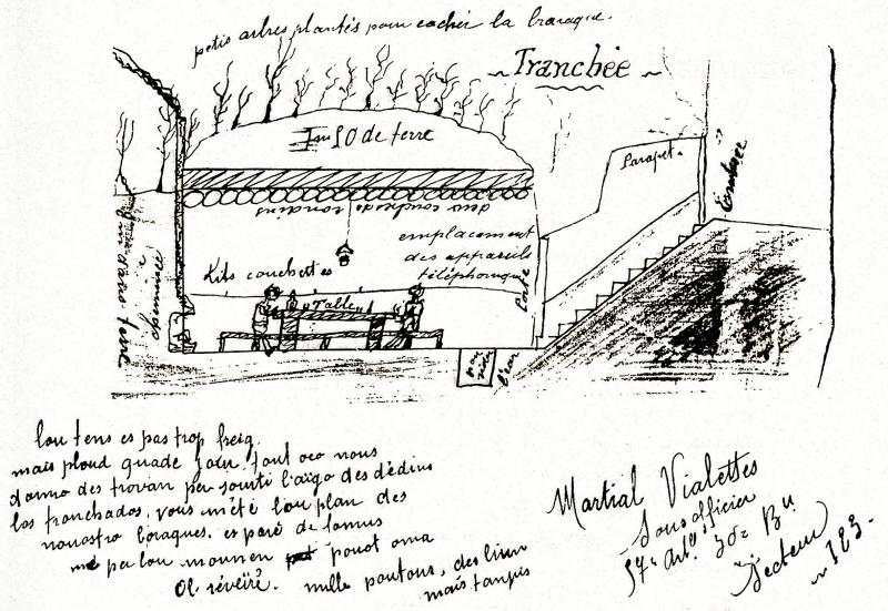  Croquis d'un abri souterrain de tranchée (trencada) avec description manuscrite en français et en occitan, 17 février 1915