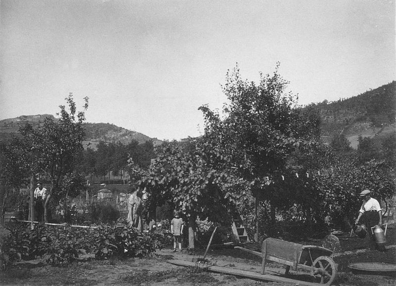 Personnes et homme arrosant des semis dans un jardin (òrt), aux Horts, vers 1935