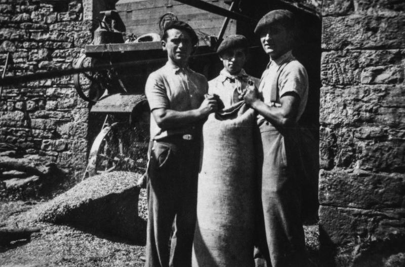 Temps de pause durant ensachage du grain (gran), au Mas d'Aymon, 1941