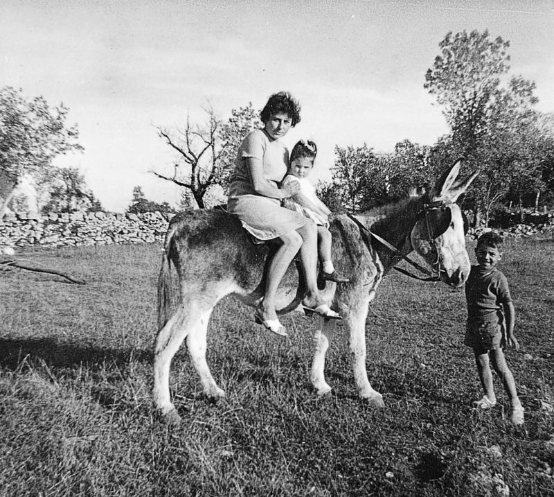 ​Femme et fillettes juchées sur un âne (ase) et garçon à terre, au Mas d'Espagnol, 1967