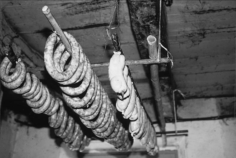  Saucisses (salsissas) et saucissons (salsissòts) séchant sur des perches (latas, pèrgas) en bambou suspendues au plafond (travada), en Peyralès (secteur de La Salvetat Peyralès), 1994