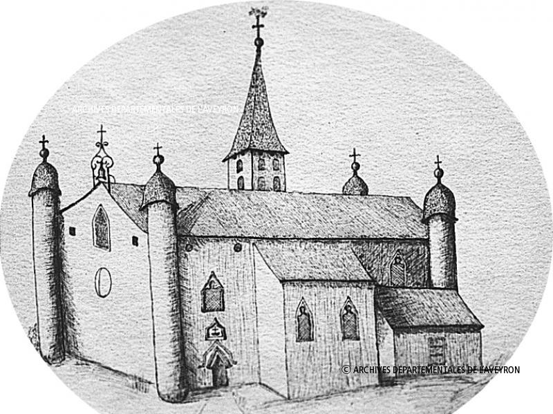 Dessin de l'église (glèisa) avec quatre tours (torres) d'angle