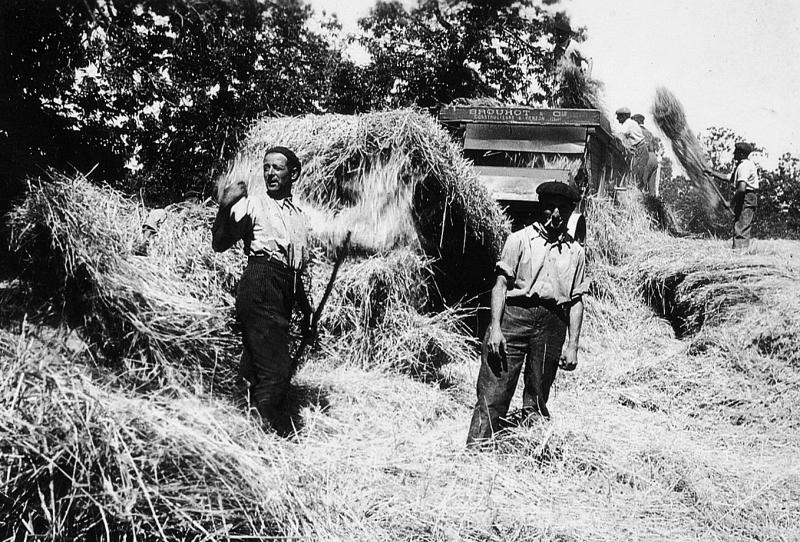 Hommes récupérant la paille (palha) à l'arrière d'une batteuse (batusa), en Ségala (secteur de Baraqueville-Sauveterre : Moyrazès ?)
