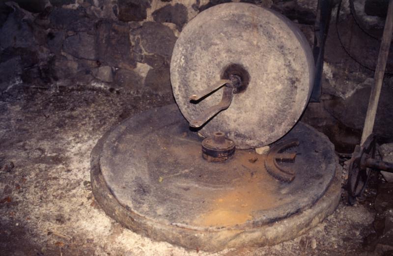 Vestiges d'un moulin à meule verticale (ase, pilon, vertelh, vertuelh), septembre 1998