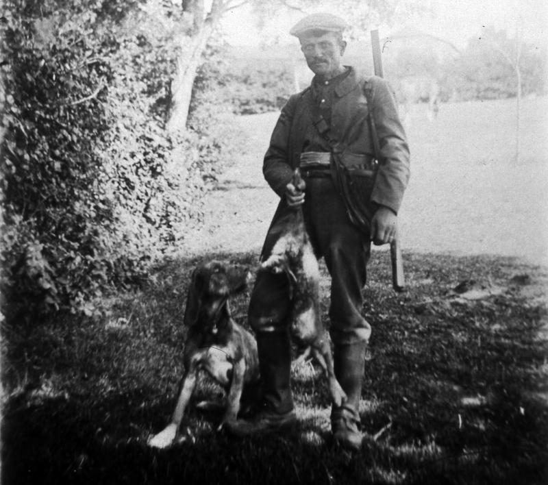 ​Chasseur (caçaire) présentant un lièvre (lèbre) à un chien (can), à Lavernhe, 1920